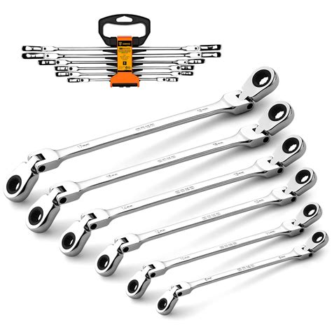 DEKOPRO Extra Long Flex-Head Ratcheting Wrench Set Box End Ratchet Wrenches Set 6 PCS Metric 8 ...