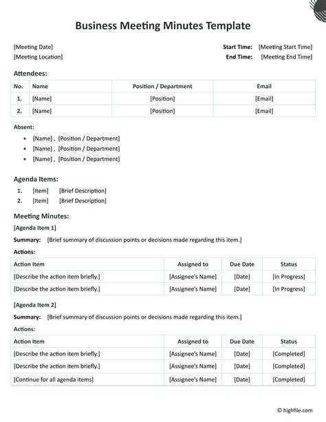 Corporate Meeting Minutes Template - Word | Google Docs - Highfile