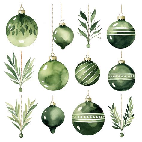 Christmas ornaments clipart olive green tones watercolor | Premium AI ...