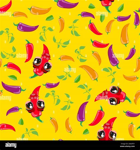 Cute seamless pattern with cartoon emoji Chili peppers Stock Vector ...