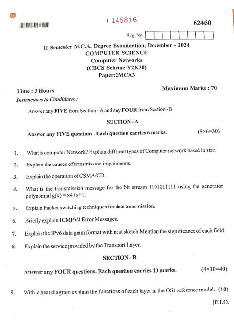 1 145816 62460 Reg. No. II Sem M.C.A. Dec 2024 Computer Networks Exam ...