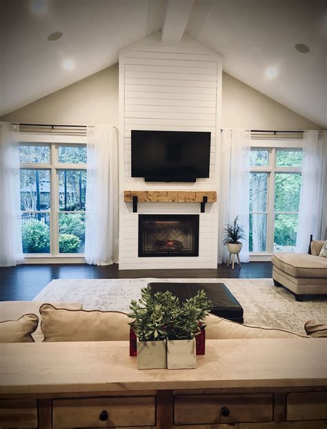 Shiplap Fireplace with Wood Beam Mantle