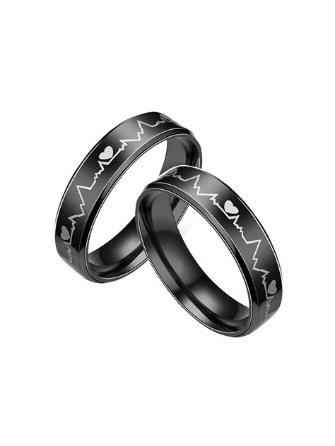 Buy Yellow Chimes Heartbeat Couple Rings Bands Stainless Steel Black ...