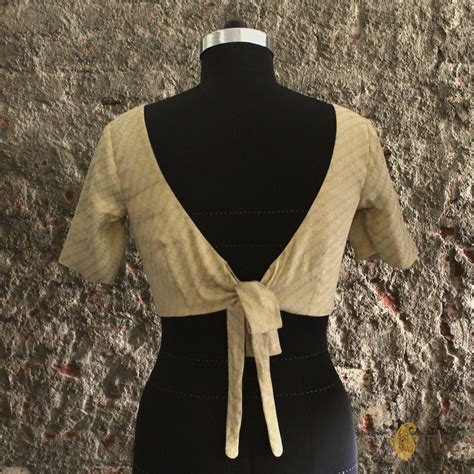 Beige Crepe Brocade Tie-up Blouse - Tilfi