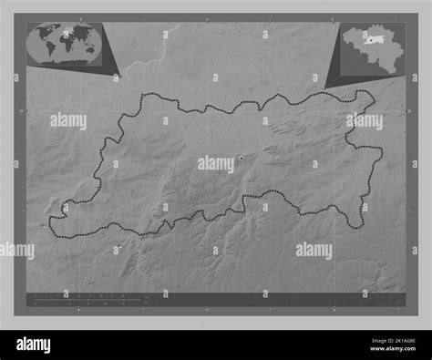 Vlaams Brabant, province of Belgium. Grayscale elevation map with lakes and rivers. Corner ... - elevation map of belgium