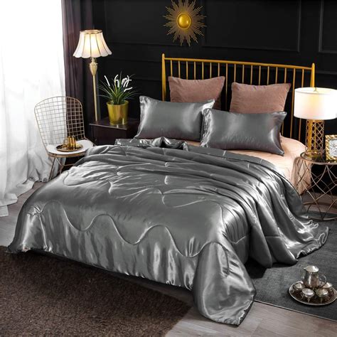 Amazon.com: NTBED Silky Satin Comforter Set Queen Silver, Luxury Soft ...