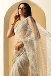 Buy Grey Net Sequins Boat Neck Geometric Embroidered Saree With Blouse ...