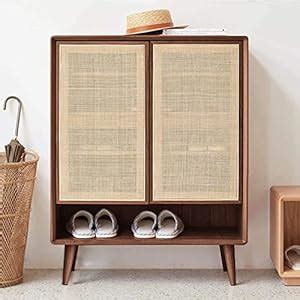 NG Decor, Farmhouse Walnut Shoe Storage Cabinet Rattan 2 Doors & 4 ...
