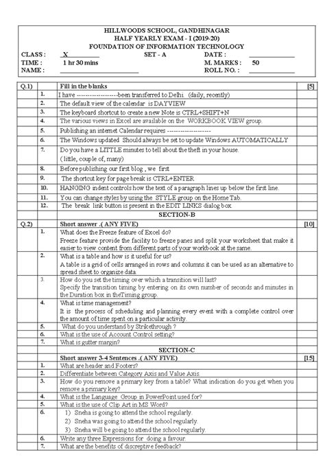 IT Half Yearly Exam I Answer Key - Foundation of IT X Set A - Studocu