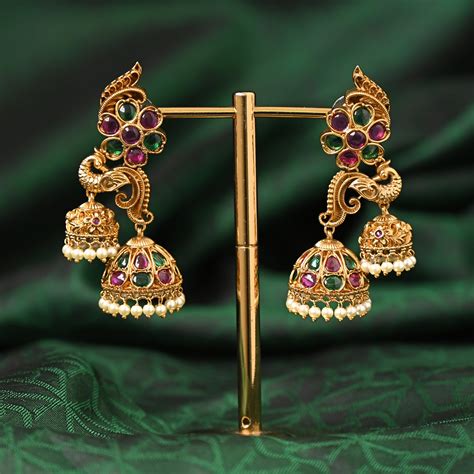 Antique Gold Designer Peacock Premium Kemp Two Hanging Jhumkas Festive