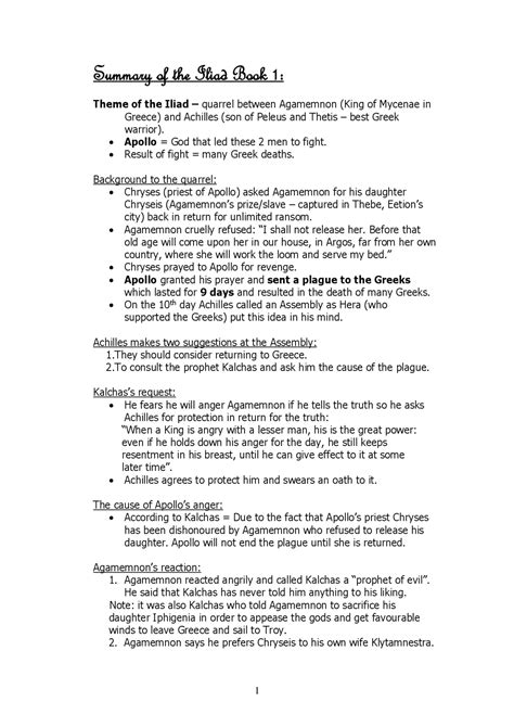 Summary of the iliad Book 1 | Summaries English Literature | Docsity