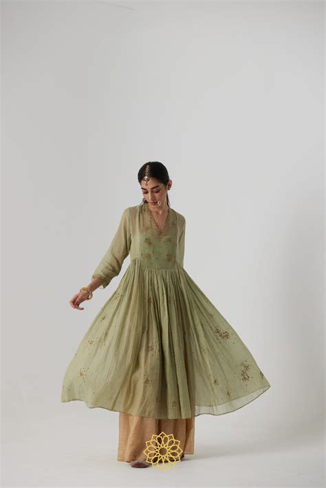 Mihika - Pastel green handcrafted gathered kurta with benarasi gold ti