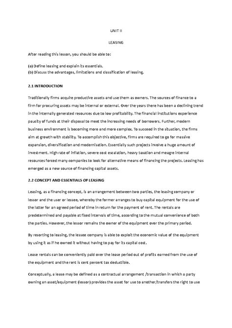 UNIT II Leasing - UNIT II LEASING After reading this lesson, you should ...