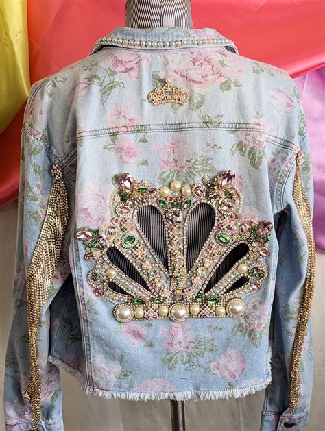 Crown on a Roses Print Denim Jacket With Gold Fringe. Embellished Denim ...