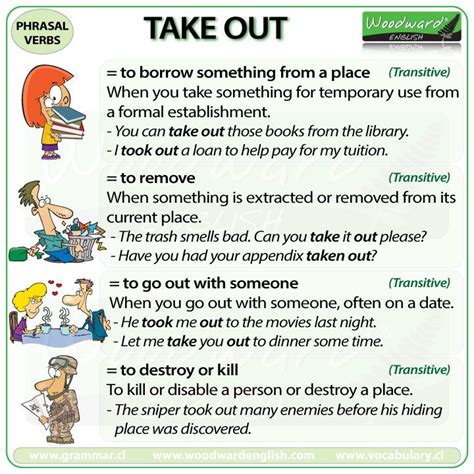TAKE OUT - English Phrasal Verb with meanings and example sentences. | Learn english, Woodward ...
