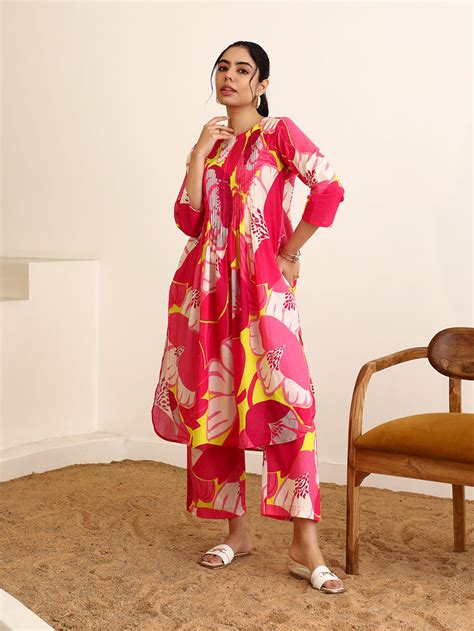 Pink Printed Cotton Kurta with Pants- Set of 2