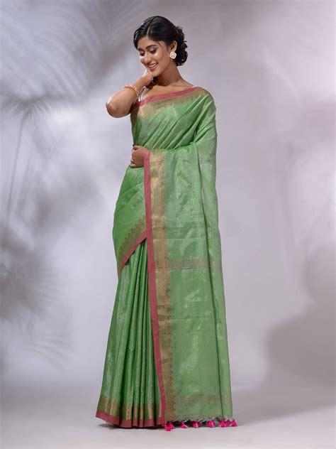 Light Green Tissue Handwoven Saree With Zari Woven Temple Borders ...
