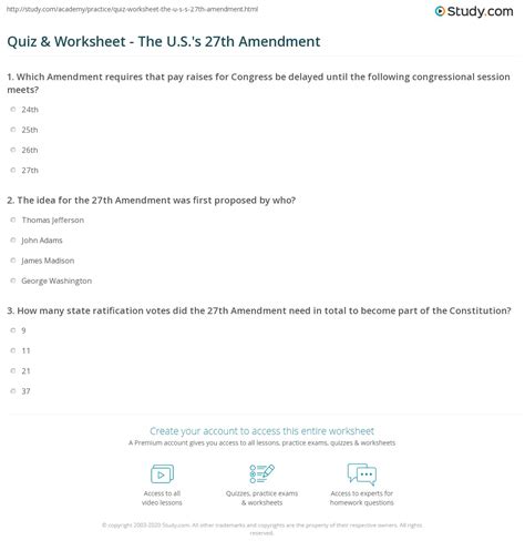 Quiz & Worksheet - The U.S.'s 27th Amendment | Study.com
