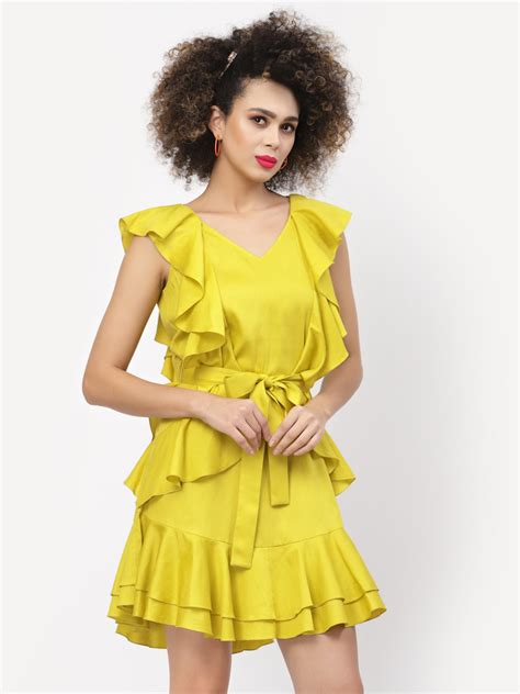 Buy Yellow Frill Dresses for Women Without Sleeves | LELA By Varija