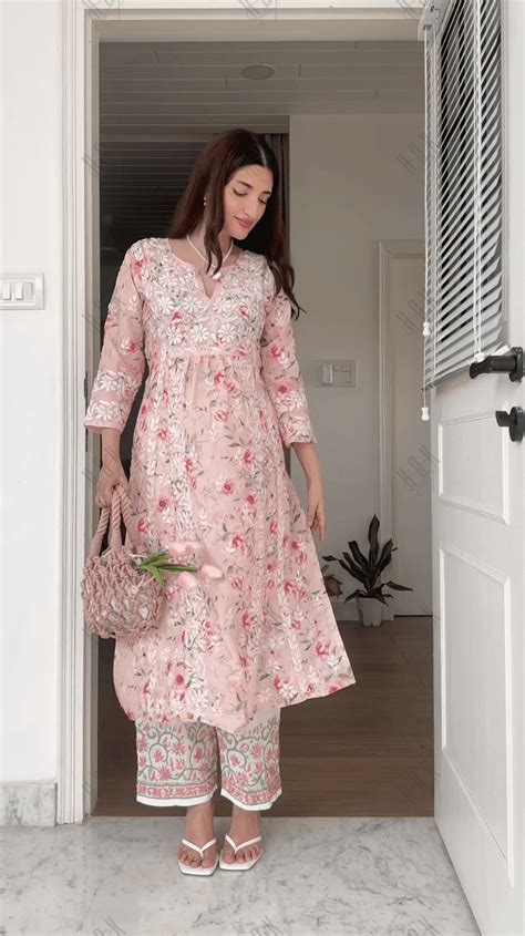 House Of Kari(Chikankari Clothing) - Pink Print Chikankari Long Kurta