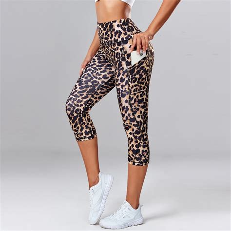 Leopard Print Capris Leggings Women's High Waisted Yoga Pants With Side ...