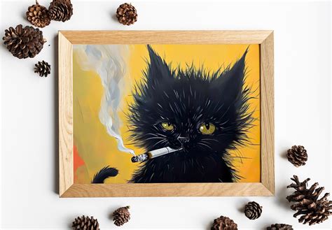 Black Cat Painting, Cat Smoking a Cigarette, Cat Wall Art, Cat Print ...