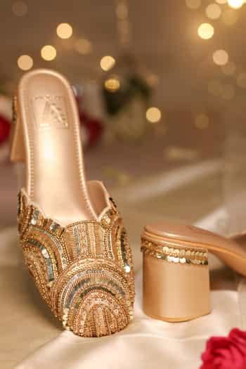 Buy Gold Cut Work, Sequins, Beads Maia Embellished Mule Heels by House ...
