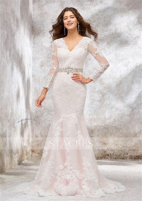 Trumpet/Mermaid V Neck Full/Long Sleeve Chapel Train Satin Lace Wedding Dress With Sashes ...