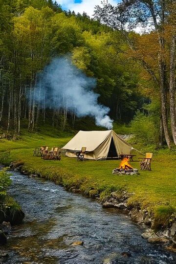 A tent is set up next to a stream in the woods | Premium AI-generated image