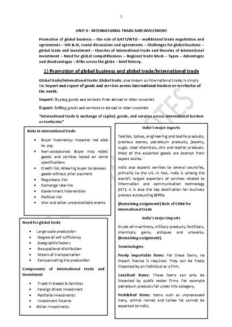 International Business Management Unit 2: Global Trade & Investment ...