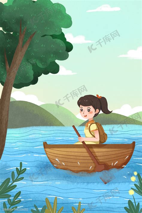 劳动节出游湖面划船插画图片-千库网