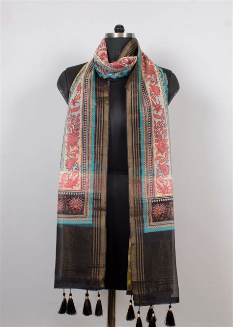 Sheer Black Organza Dupatta with Intricate Kalamkari Digital Print and ...