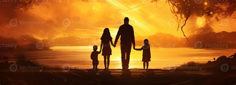 Happy family, father, mother, son and daughter in nature, sunset ...
