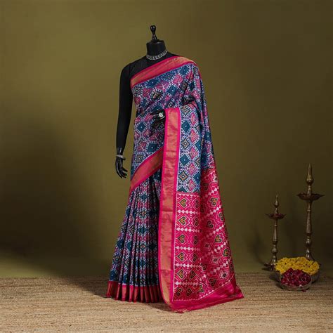 Blue Handspun Handloom Silk Pochampally Patola Ikat Saree with Zari Border