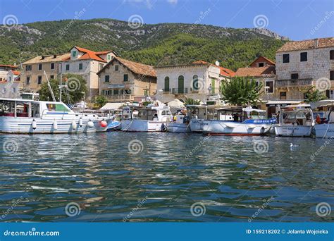 View on Port on Adriatic Sea, Moored Boats and Old Buildings, Island ...