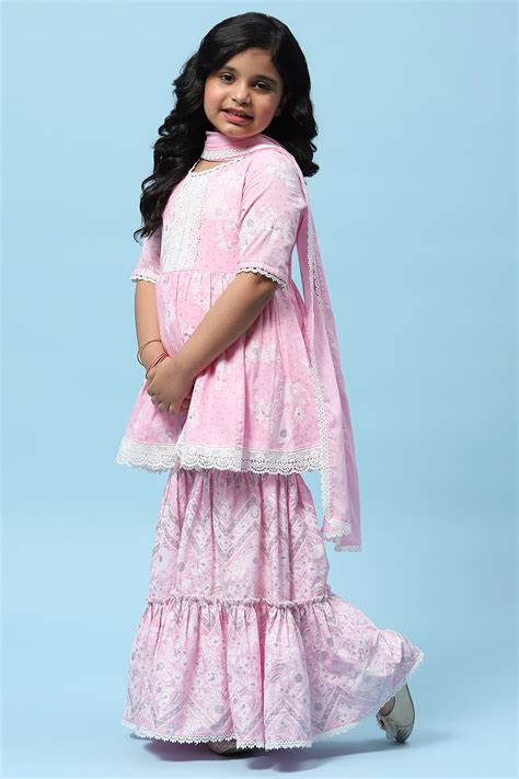 Pink Cotton Floral Printed Gathered Peplum Suit Set at Biba India