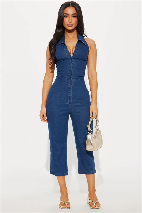 Grand Central Denim Capri Jumpsuit - Dark Wash | Fashion Nova