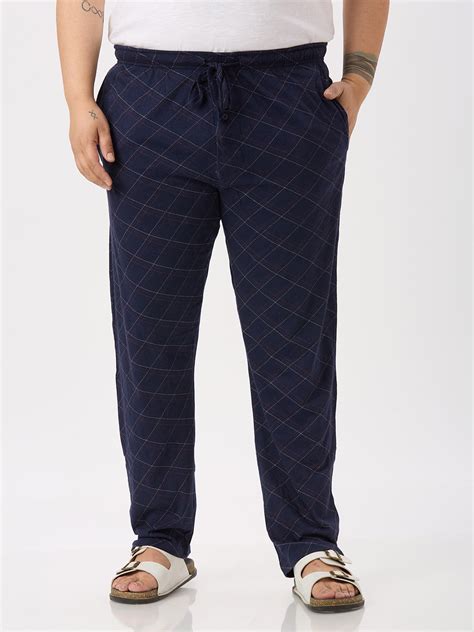 Hanes - Plus Size Men's Straight Navy Blue Checks Pure Cotton Track Pa ...