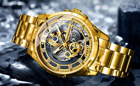 Buy BINBOND Men's Hollow Skeleton Watches Luxury Diamond Business Dress ...