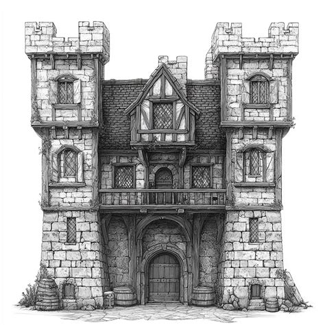 Front view building for a fantasy map black and white with white ...