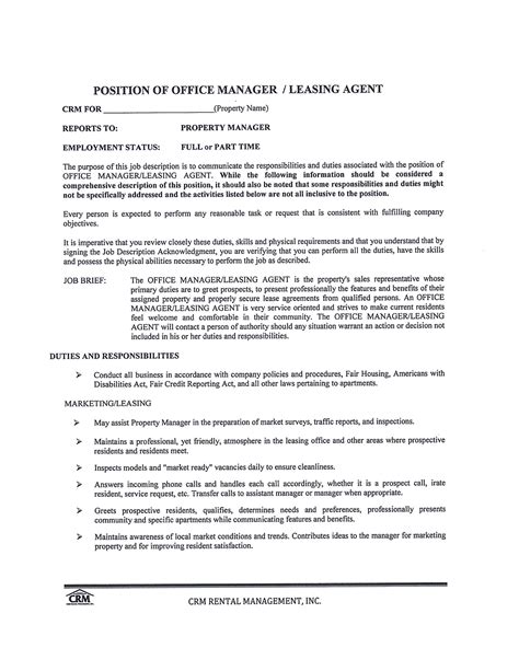 Office Manager Leasing Consultant Job Description | Templates at ...