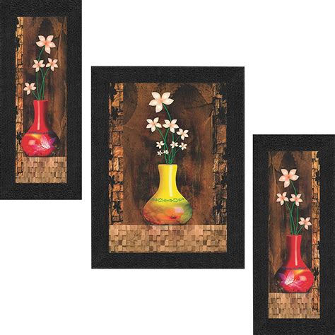SAF paintings Set of 3 Flower Floral Pot UV Coated Home Decorative Gift ...