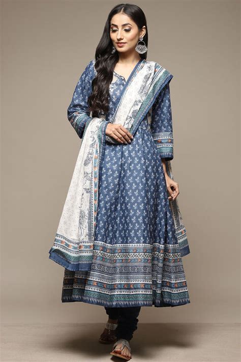 Indigo Cotton Anarkali Kurta Churidar Suit Set