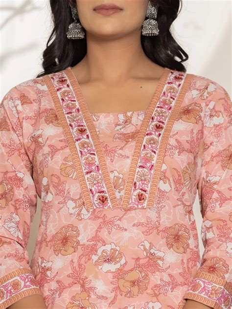Pink Floral Print Cotton Straight Kurta Dupatta Set – Yufta Store