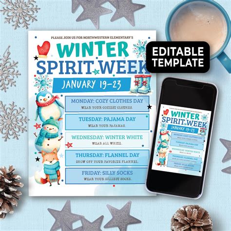 Editable Winter Spirit Week Template, School Spirit Week, Holiday ...