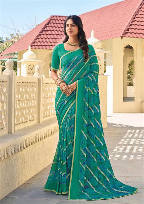 Teal Green Chiffon Printed Saree – Lightweight & Stylish Drape- Rang P ...