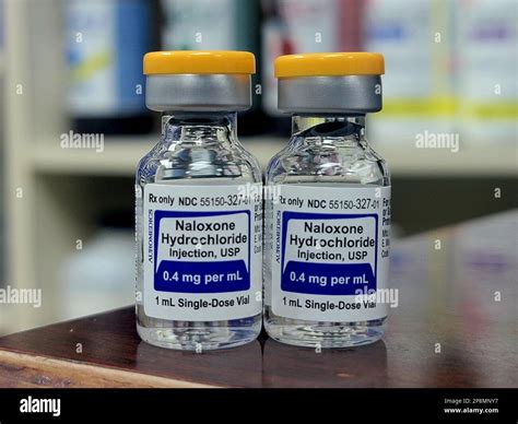 A closeup shot of two glass vials of Narcan 0.4mg per ml for ...