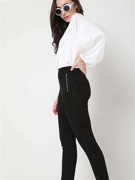 Buy Black High Rise Suede Skinny Leggings for Women Online