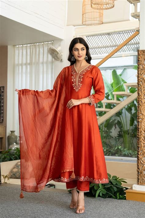 Chic Rust Muslin Anarkali Suit with Handwork | Ethnic Wear