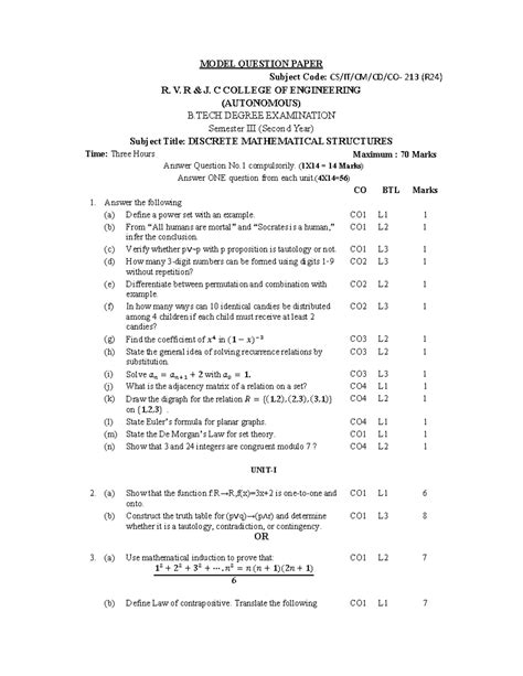 CM213 - Discrete Mathematical Structures Model Question Paper - Studocu